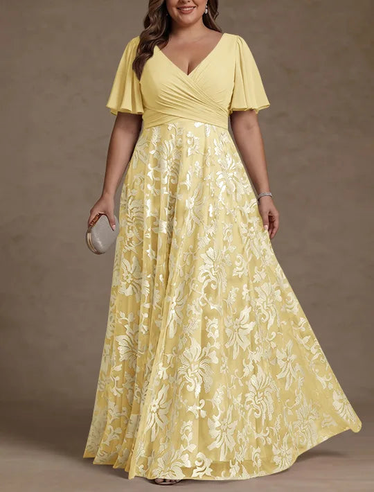 A-Line/Princess V-Neck Plus Size Mother of the Bride Dresses Short Sleeves Chiffon Lace Floor-Length Floral Ruched