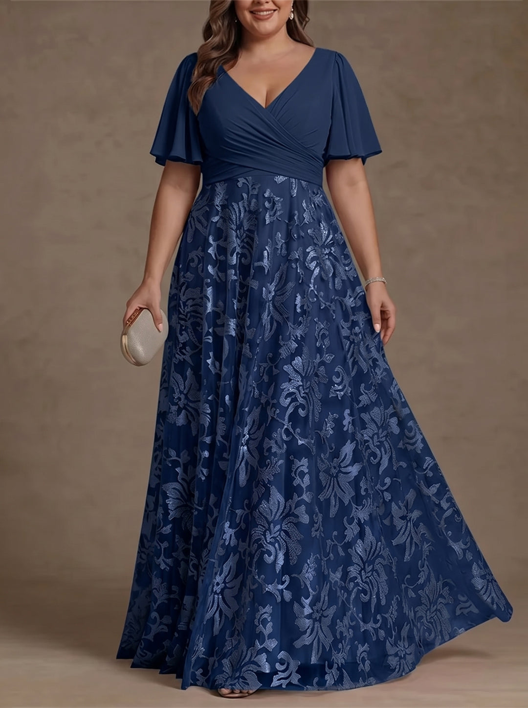 A-Line/Princess V-Neck Plus Size Mother of the Bride Dresses Short Sleeves Chiffon Lace Floor-Length Floral Ruched