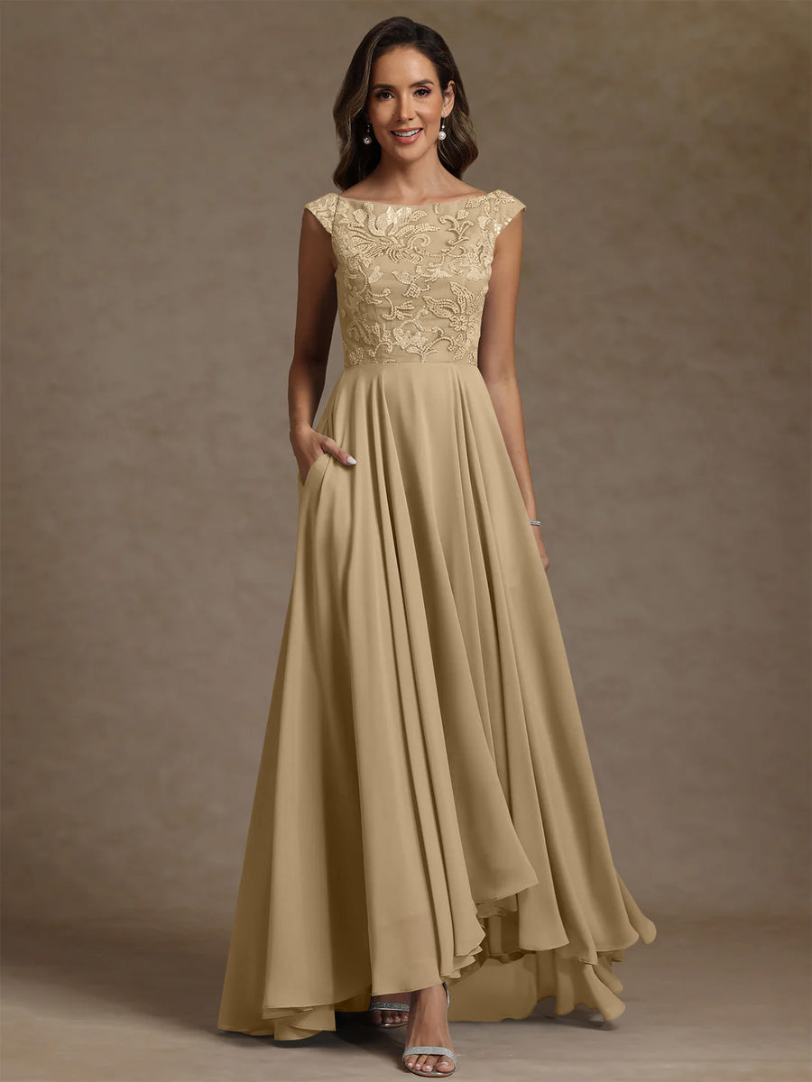 A-Line/Princess Scoop Chiffon Mother of the Bride Dresses Lace Sequins Floor-Length Sleeveless Pleated