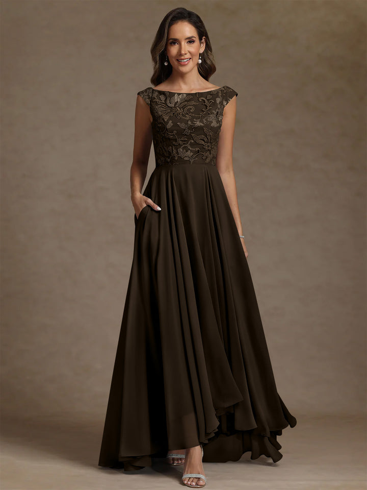 A-Line/Princess Scoop Chiffon Mother of the Bride Dresses Lace Sequins Floor-Length Sleeveless Pleated