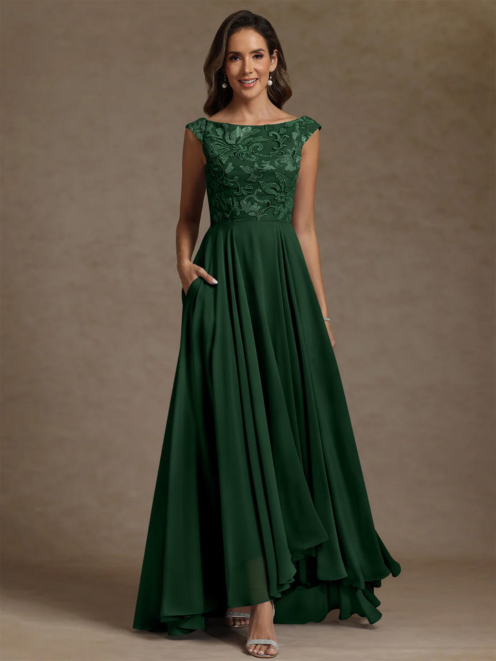 A-Line/Princess Scoop Chiffon Mother of the Bride Dresses Lace Sequins Floor-Length Sleeveless Pleated