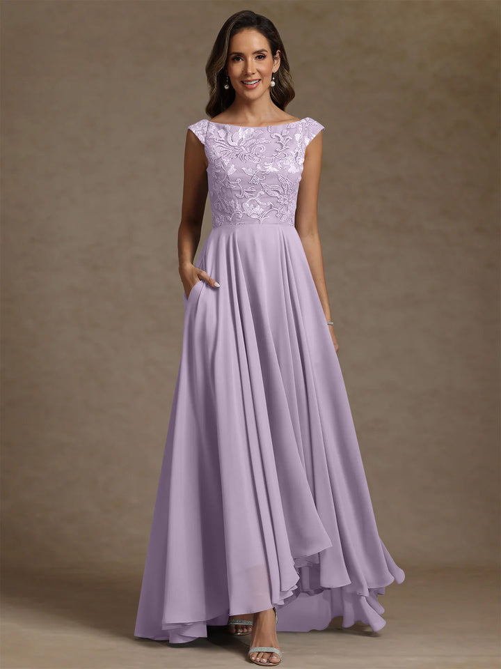 A-Line/Princess Scoop Chiffon Mother of the Bride Dresses Lace Sequins Floor-Length Sleeveless Pleated