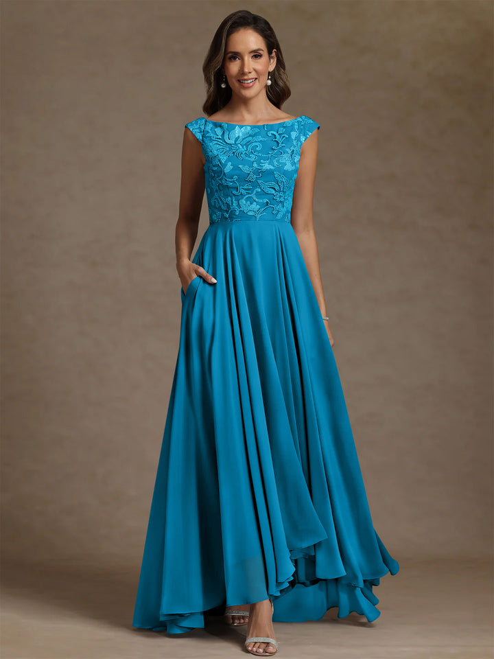 A-Line/Princess Scoop Chiffon Mother of the Bride Dresses Lace Sequins Floor-Length Sleeveless Pleated