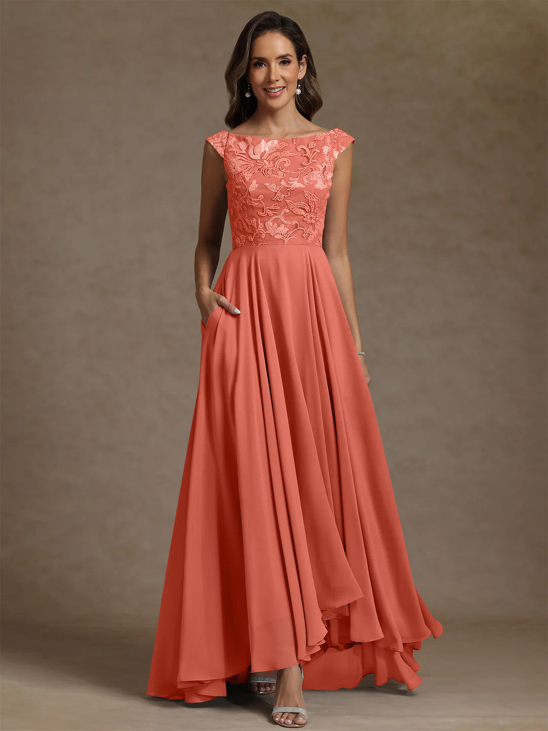 A-Line/Princess Scoop Chiffon Mother of the Bride Dresses Lace Sequins Floor-Length Sleeveless Pleated