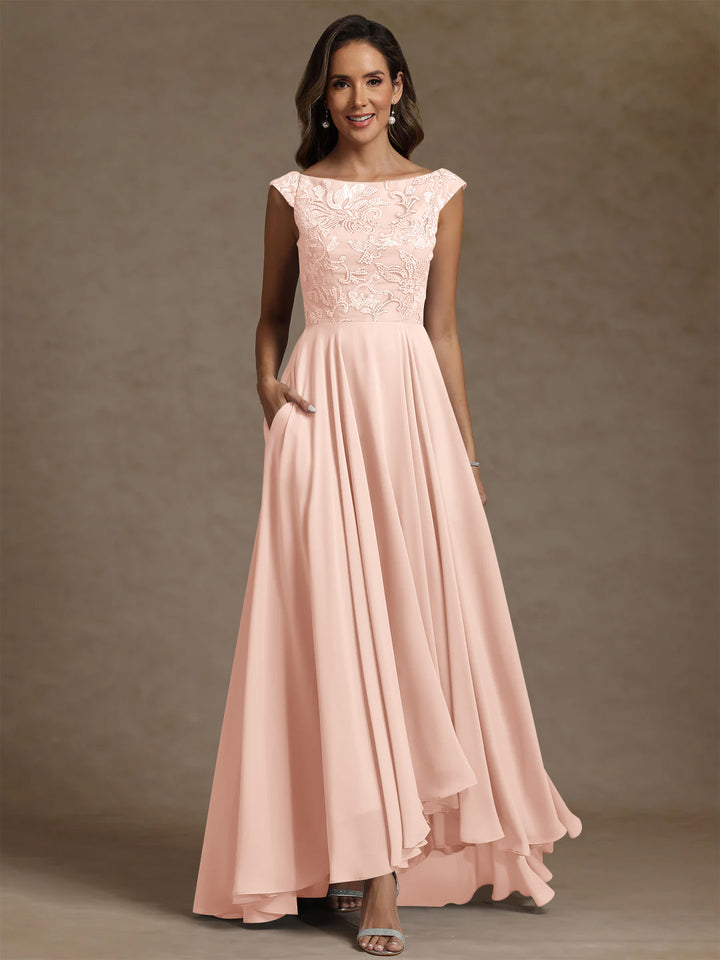 A-Line/Princess Scoop Chiffon Mother of the Bride Dresses Lace Sequins Floor-Length Sleeveless Pleated