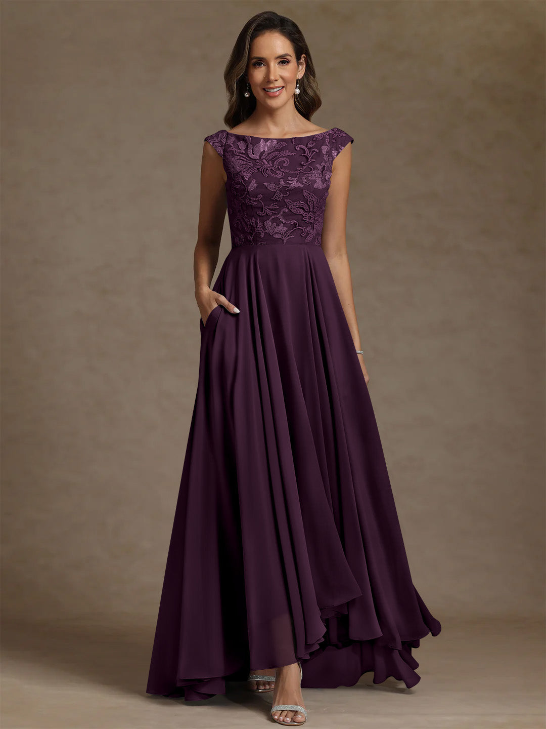 A-Line/Princess Scoop Chiffon Mother of the Bride Dresses Lace Sequins Floor-Length Sleeveless Pleated