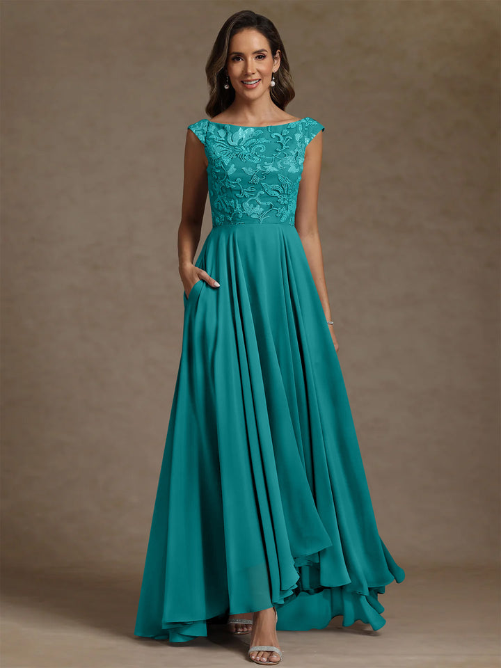 A-Line/Princess Scoop Chiffon Mother of the Bride Dresses Lace Sequins Floor-Length Sleeveless Pleated