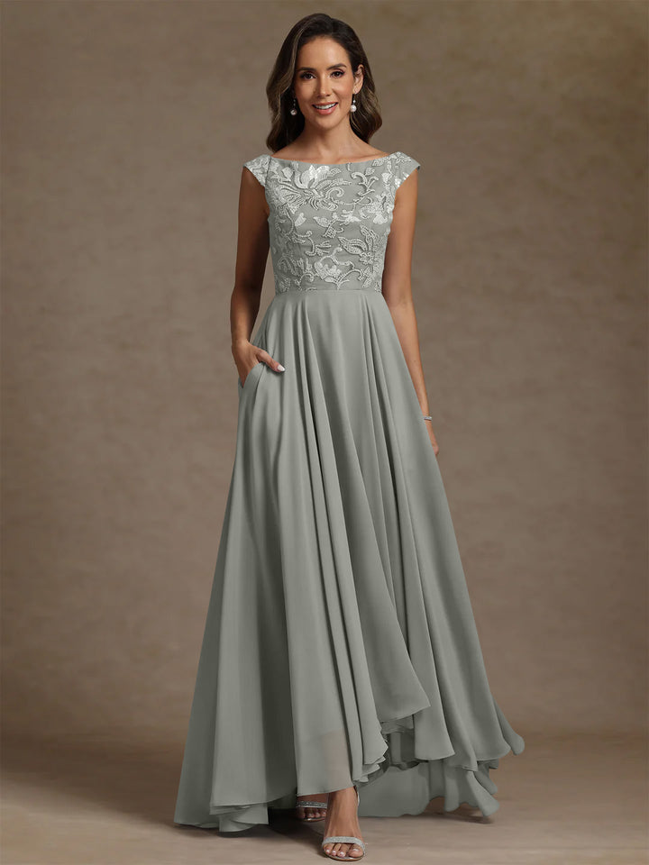A-Line/Princess Scoop Chiffon Mother of the Bride Dresses Lace Sequins Floor-Length Sleeveless Pleated