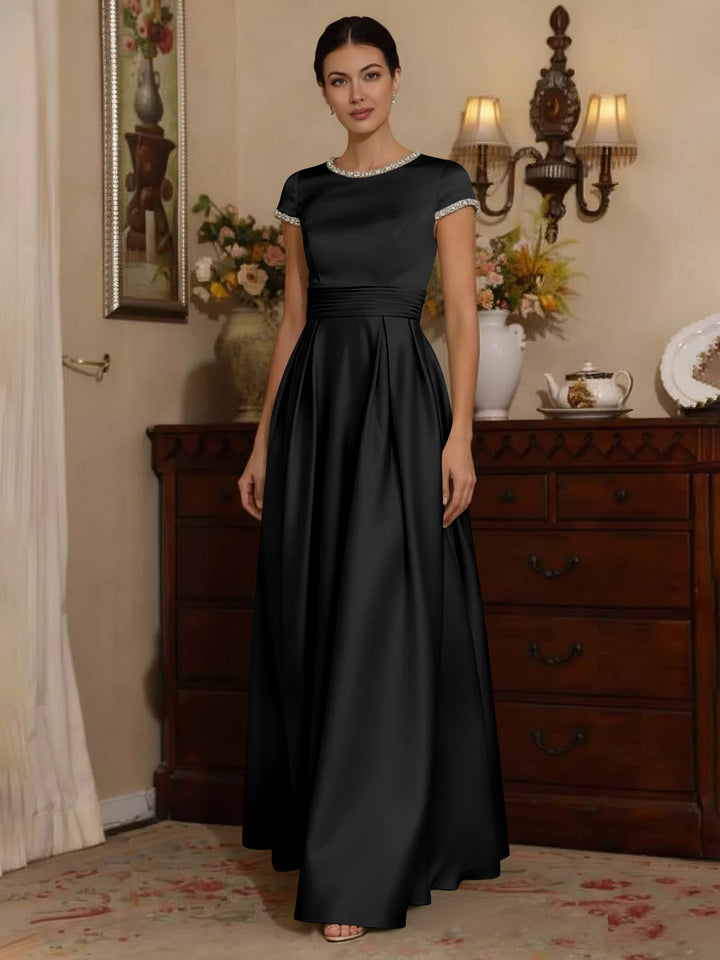 A-Line/Princess Silk Satin Jewel Neck Mother ofthe Bride Dresses Floor Length Short Sleeves Rhinestone