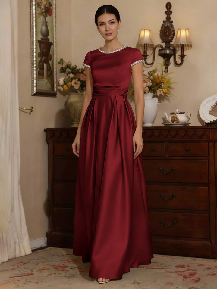 A-Line/Princess Silk Satin Jewel Neck Mother ofthe Bride Dresses Floor Length Short Sleeves Rhinestone