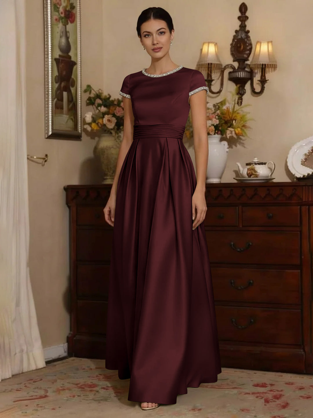 A-Line/Princess Silk Satin Jewel Neck Mother ofthe Bride Dresses Floor Length Short Sleeves Rhinestone