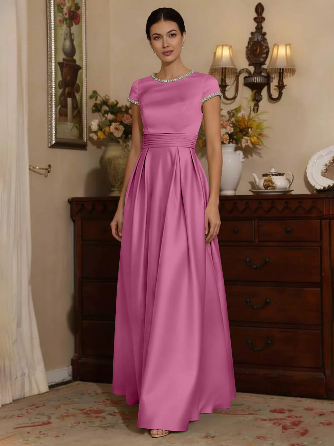 A-Line/Princess Silk Satin Jewel Neck Mother ofthe Bride Dresses Floor Length Short Sleeves Rhinestone