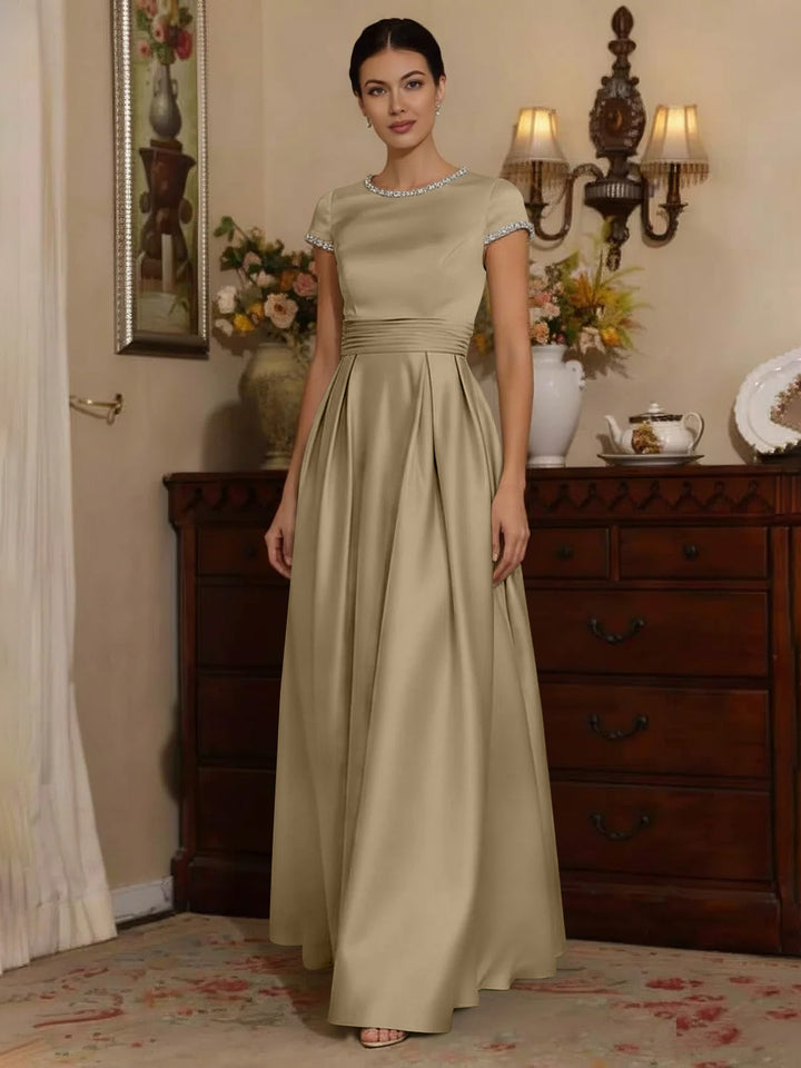 A-Line/Princess Silk Satin Jewel Neck Mother ofthe Bride Dresses Floor Length Short Sleeves Rhinestone
