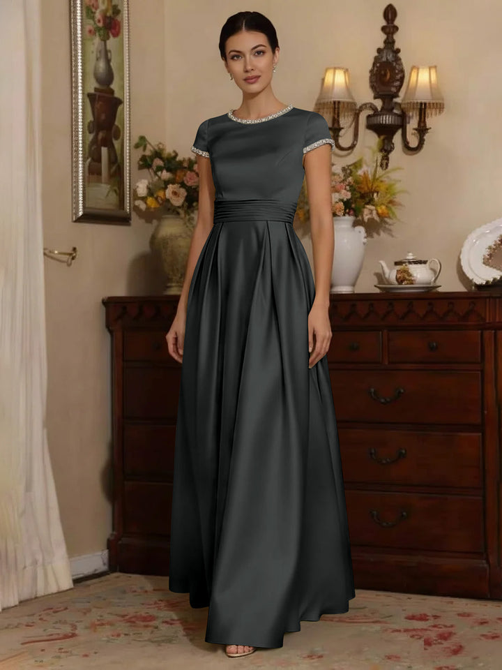 A-Line/Princess Silk Satin Jewel Neck Mother ofthe Bride Dresses Floor Length Short Sleeves Rhinestone