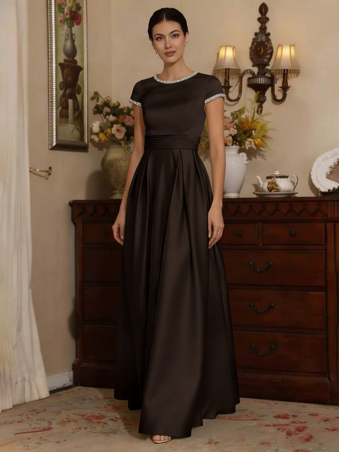 A-Line/Princess Silk Satin Jewel Neck Mother ofthe Bride Dresses Floor Length Short Sleeves Rhinestone