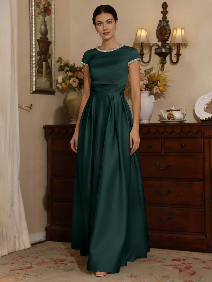 A-Line/Princess Silk Satin Jewel Neck Mother ofthe Bride Dresses Floor Length Short Sleeves Rhinestone