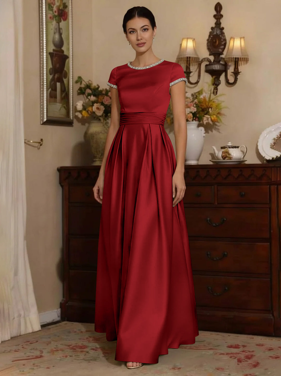 A-Line/Princess Silk Satin Jewel Neck Mother ofthe Bride Dresses Floor Length Short Sleeves Rhinestone