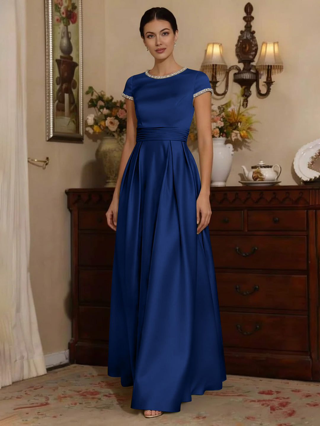 A-Line/Princess Silk Satin Jewel Neck Mother ofthe Bride Dresses Floor Length Short Sleeves Rhinestone