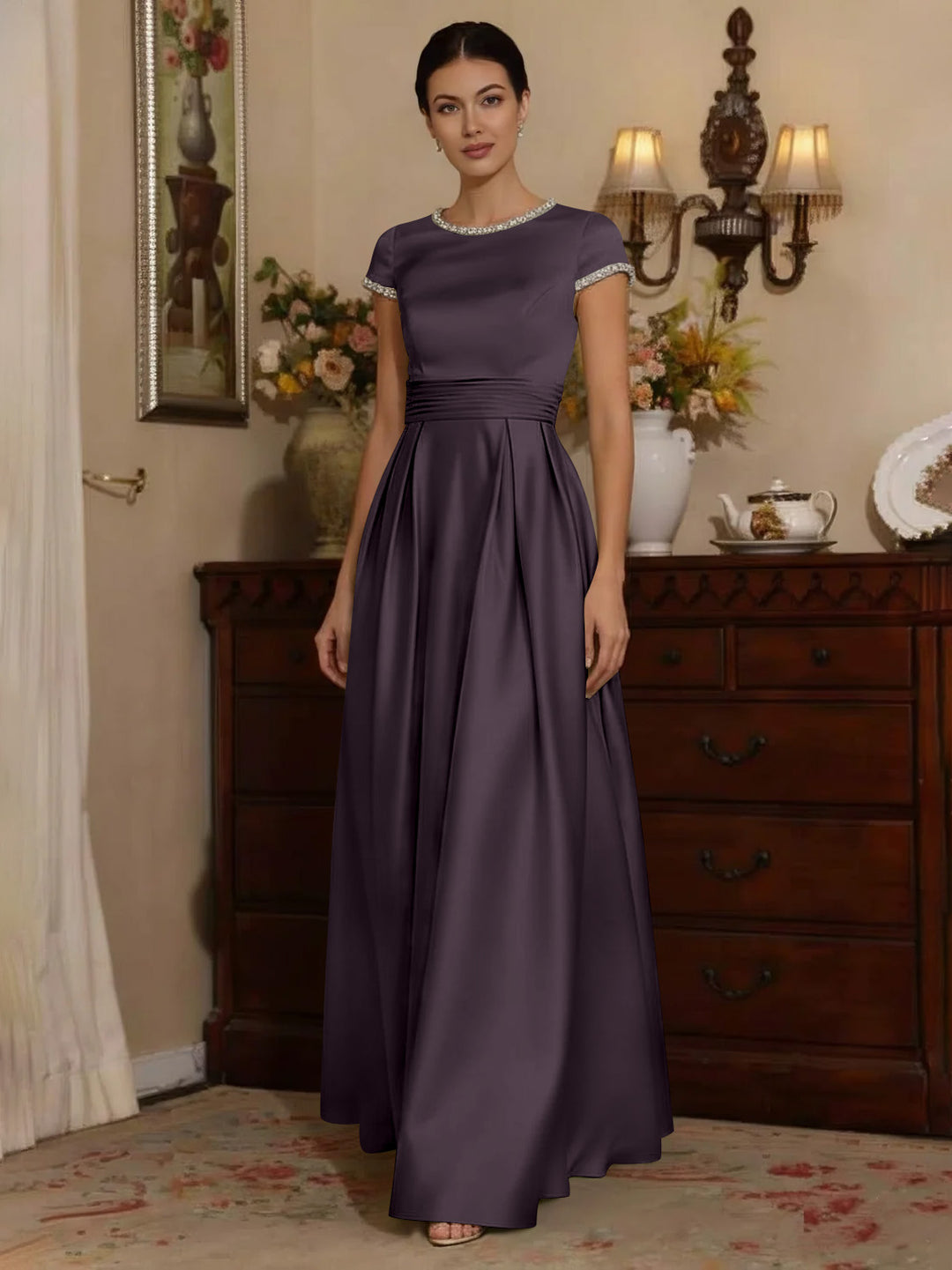 A-Line/Princess Silk Satin Jewel Neck Mother ofthe Bride Dresses Floor Length Short Sleeves Rhinestone
