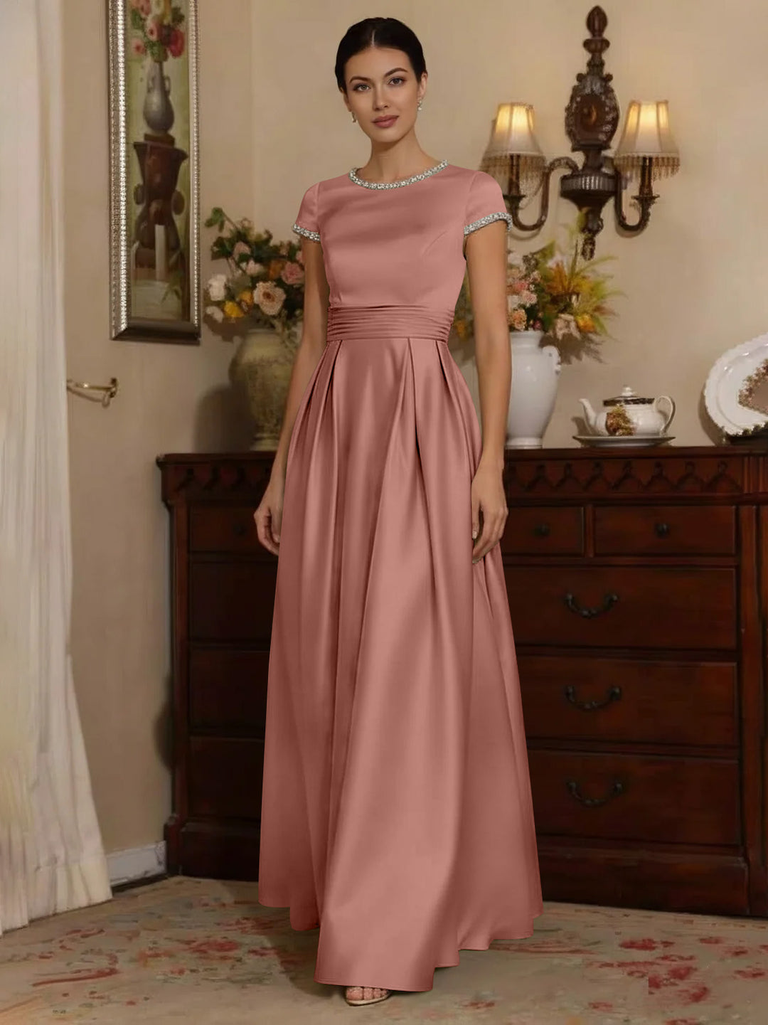 A-Line/Princess Silk Satin Jewel Neck Mother ofthe Bride Dresses Floor Length Short Sleeves Rhinestone