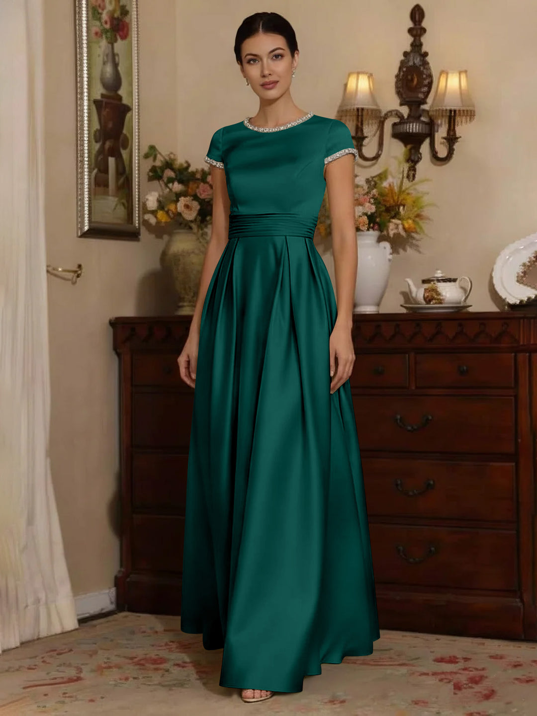 A-Line/Princess Silk Satin Jewel Neck Mother ofthe Bride Dresses Floor Length Short Sleeves Rhinestone