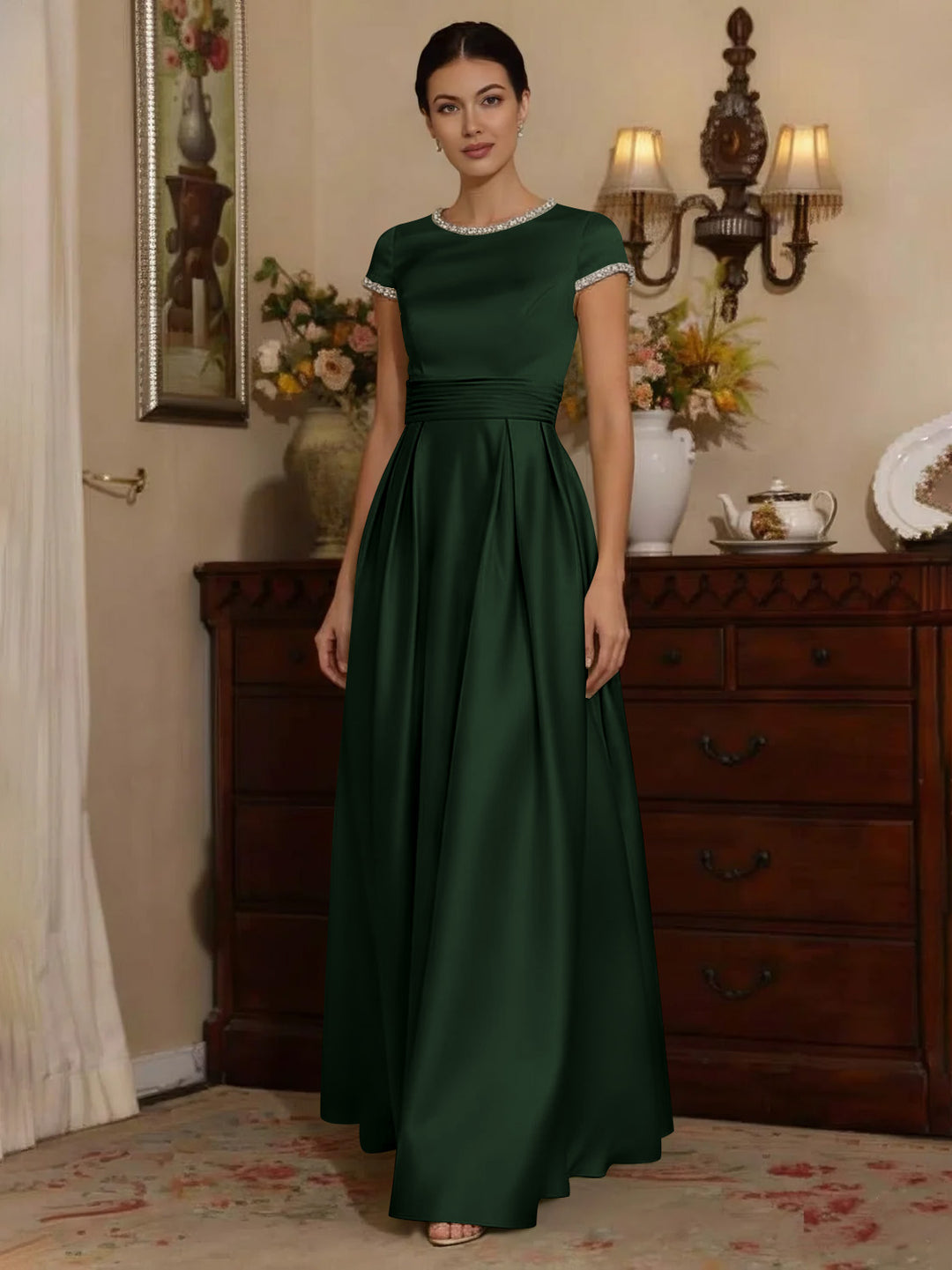 A-Line/Princess Silk Satin Jewel Neck Mother ofthe Bride Dresses Floor Length Short Sleeves Rhinestone