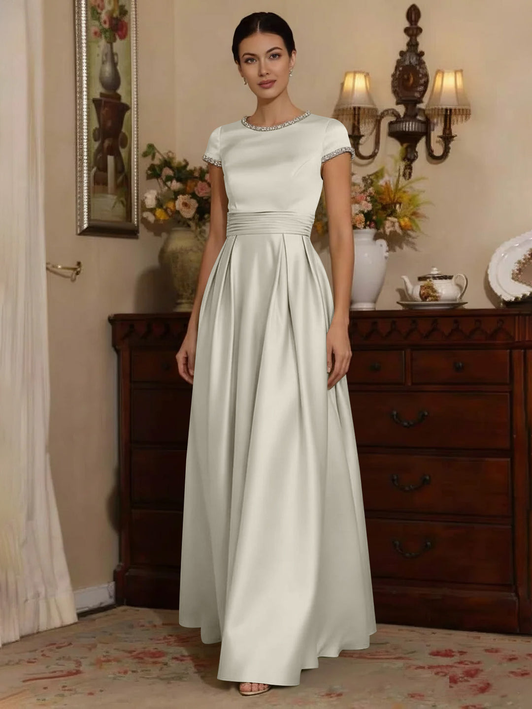 A-Line/Princess Silk Satin Jewel Neck Mother ofthe Bride Dresses Floor Length Short Sleeves Rhinestone Dusty Rose