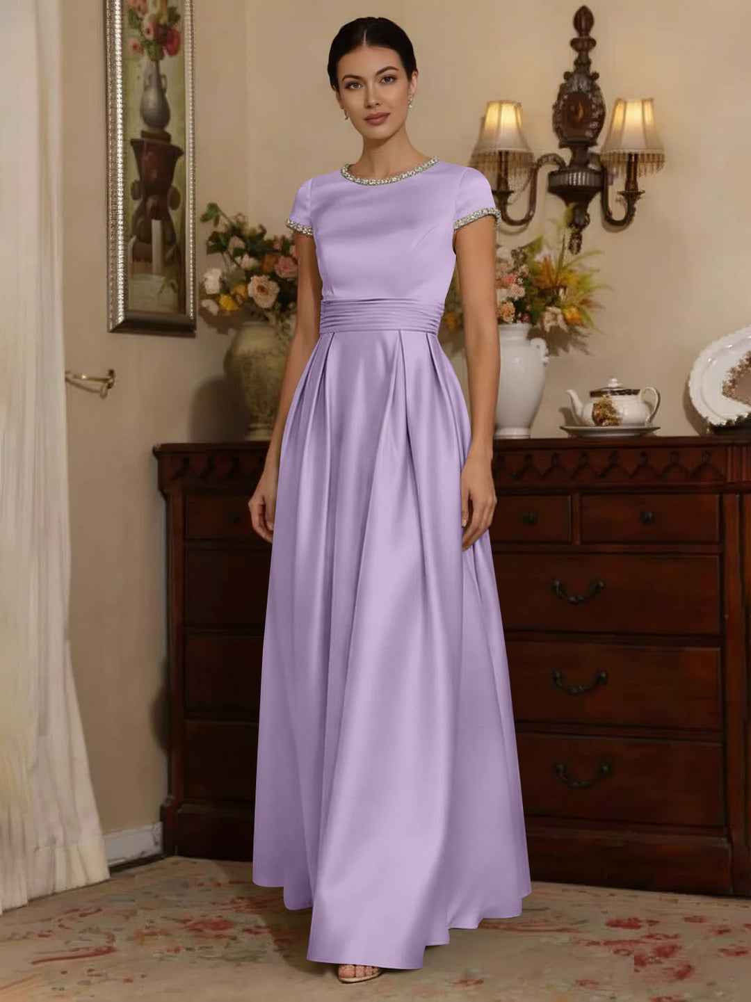 A-Line/Princess Silk Satin Jewel Neck Mother ofthe Bride Dresses Floor Length Short Sleeves Rhinestone Lilac
