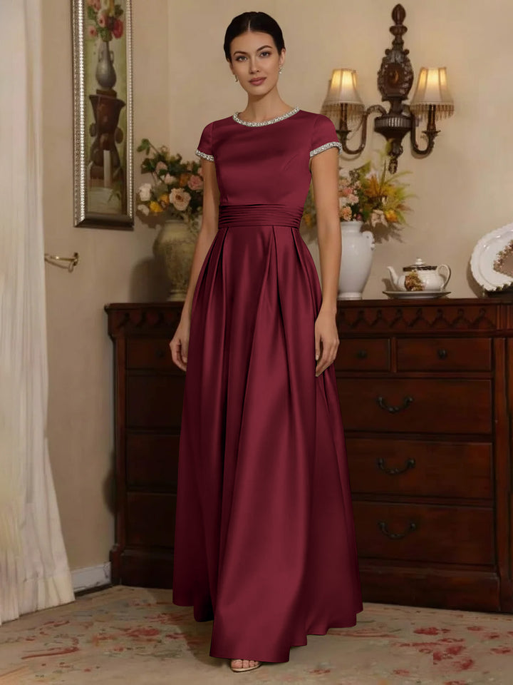 A-Line/Princess Silk Satin Jewel Neck Mother ofthe Bride Dresses Floor Length Short Sleeves Rhinestone
