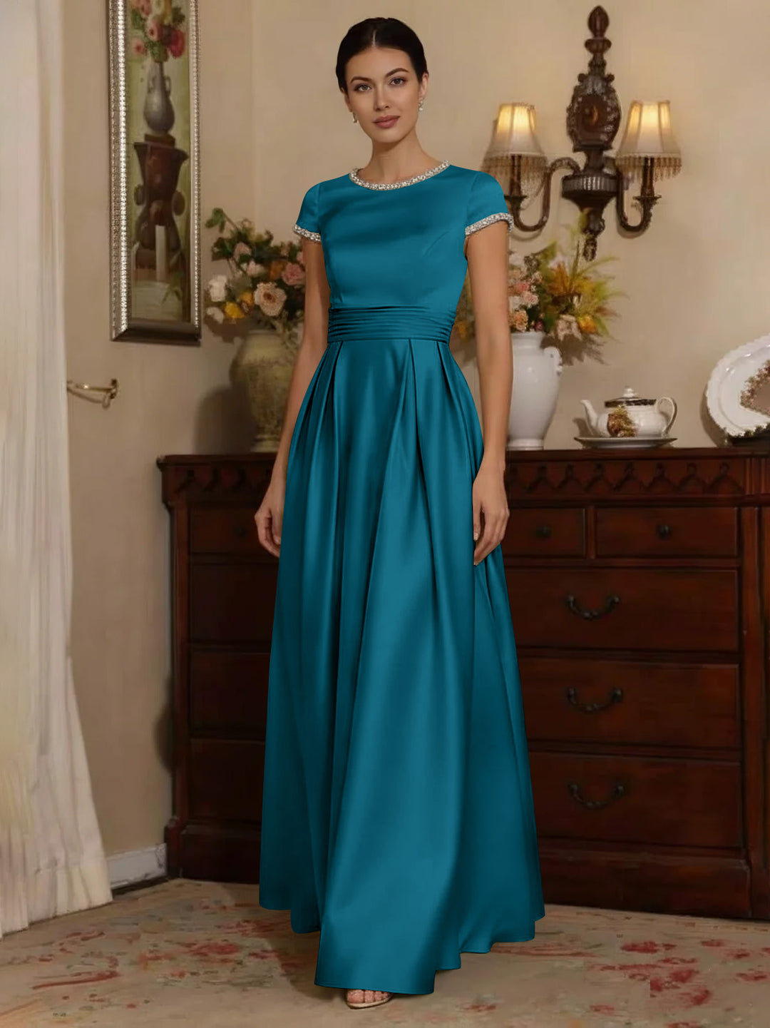 A-Line/Princess Silk Satin Jewel Neck Mother ofthe Bride Dresses Floor Length Short Sleeves Rhinestone