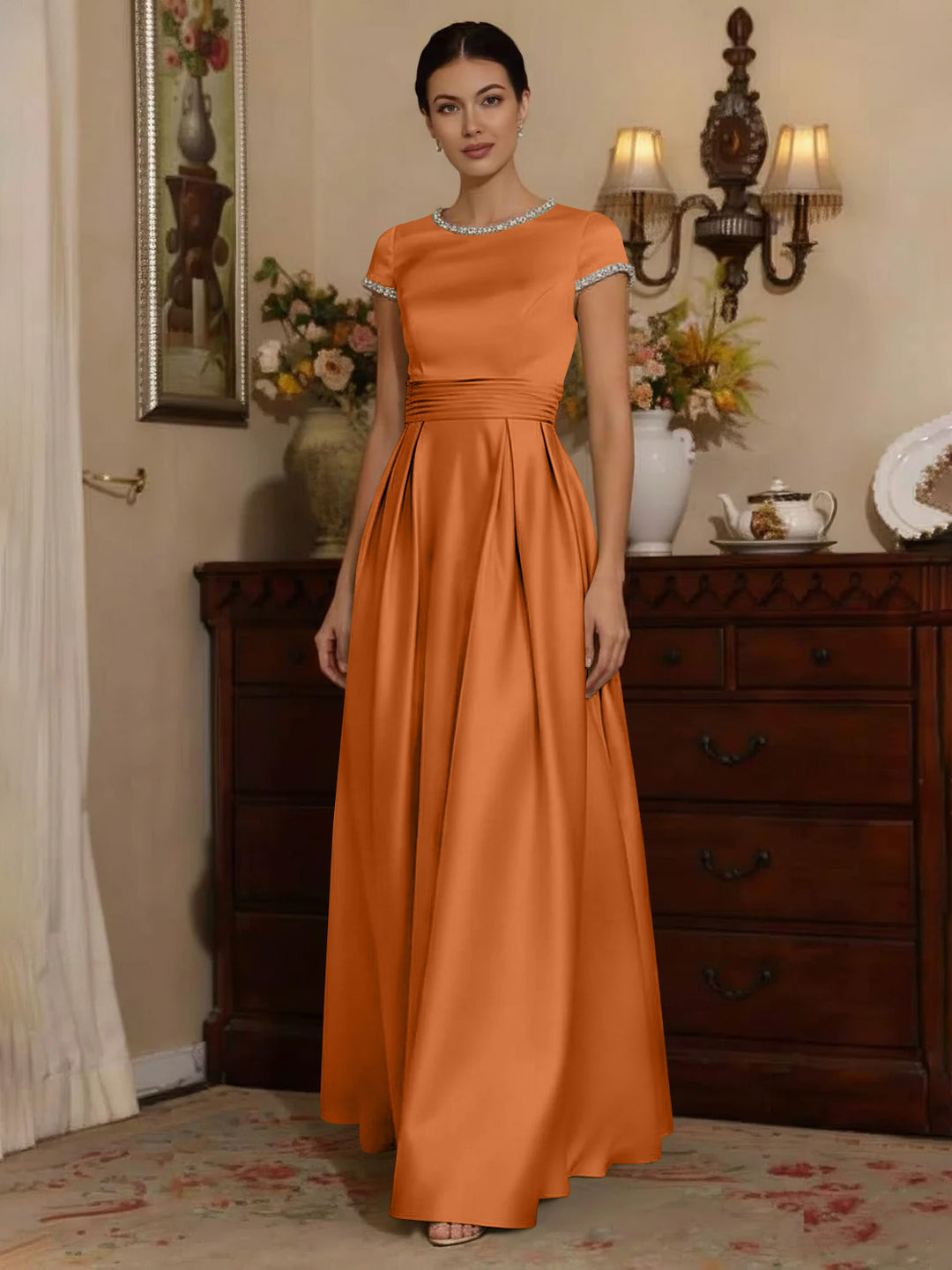 A-Line/Princess Silk Satin Jewel Neck Mother ofthe Bride Dresses Floor Length Short Sleeves Rhinestone