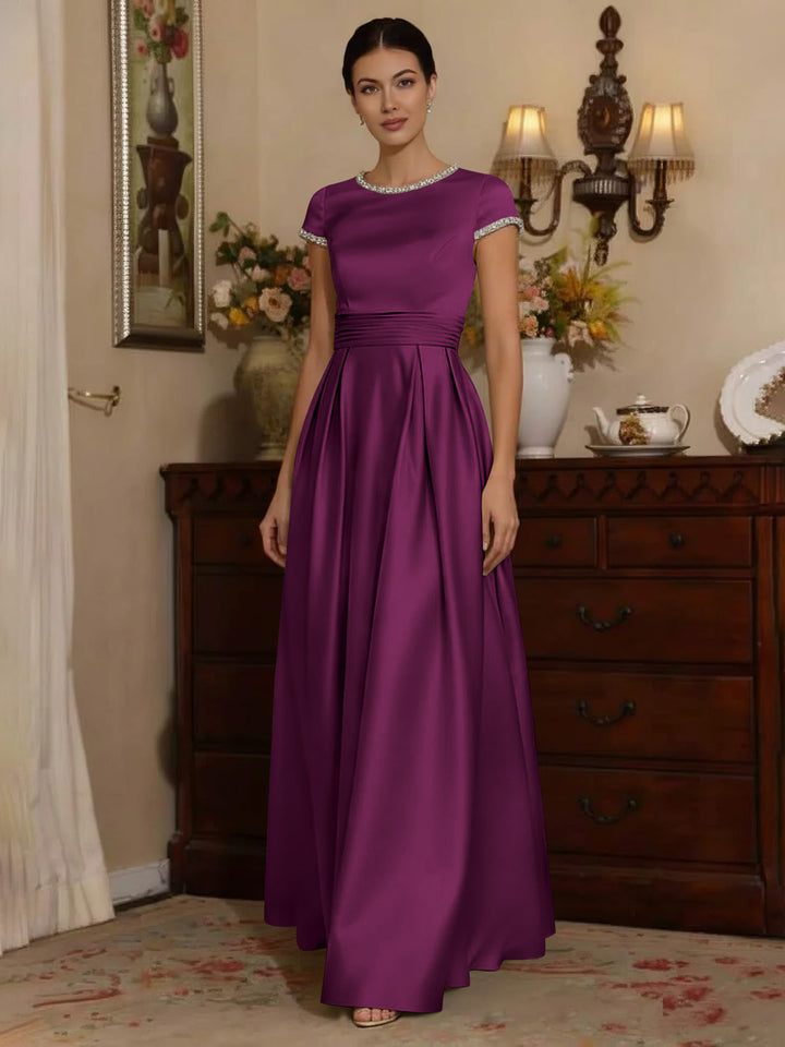A-Line/Princess Silk Satin Jewel Neck Mother ofthe Bride Dresses Floor Length Short Sleeves Rhinestone