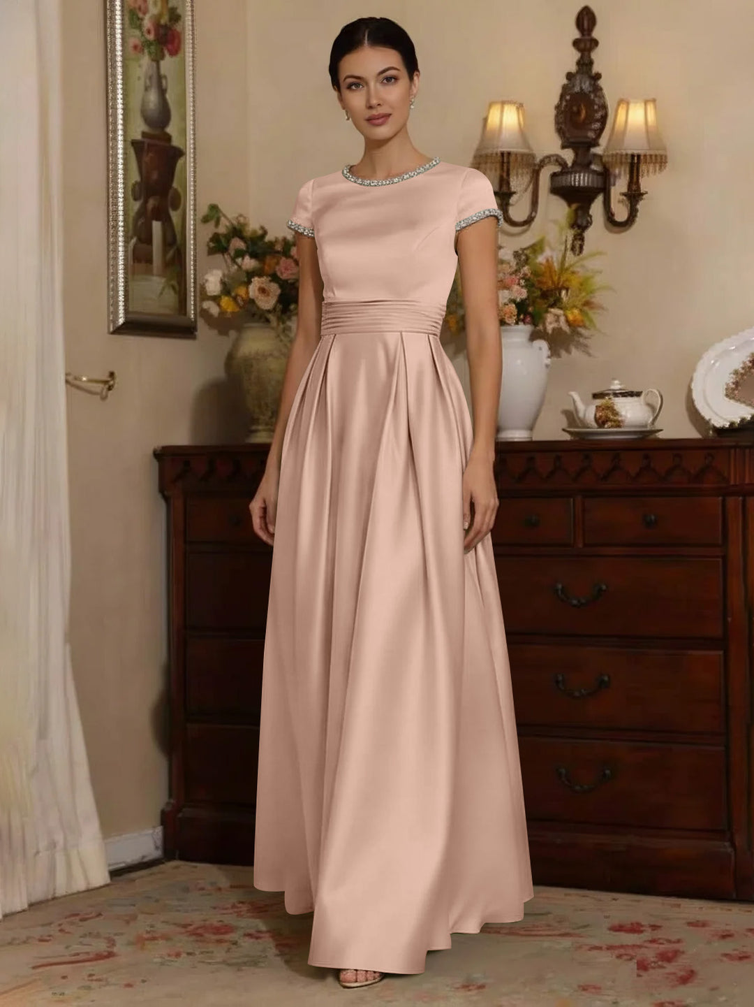 A-Line/Princess Silk Satin Jewel Neck Mother ofthe Bride Dresses Floor Length Short Sleeves Rhinestone