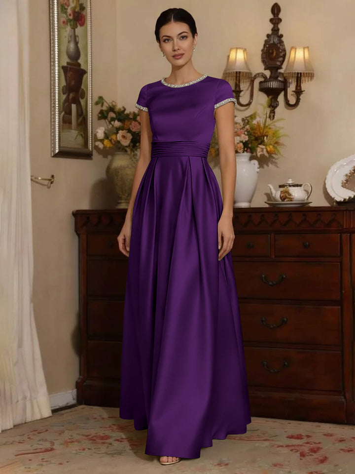 A-Line/Princess Silk Satin Jewel Neck Mother ofthe Bride Dresses Floor Length Short Sleeves Rhinestone