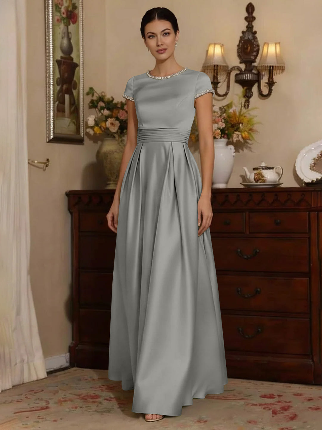 A-Line/Princess Silk Satin Jewel Neck Mother ofthe Bride Dresses Floor Length Short Sleeves Rhinestone