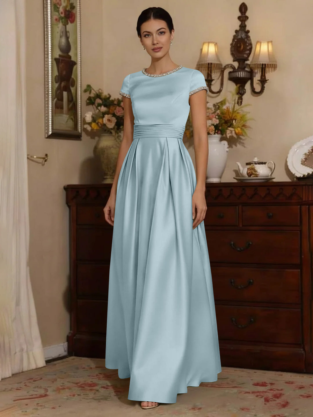 A-Line/Princess Silk Satin Jewel Neck Mother ofthe Bride Dresses Floor Length Short Sleeves Rhinestone