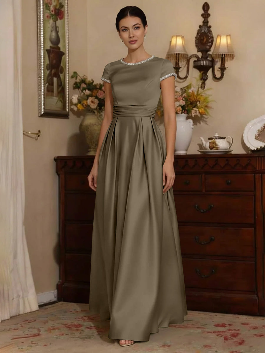 A-Line/Princess Silk Satin Jewel Neck Mother ofthe Bride Dresses Floor Length Short Sleeves Rhinestone