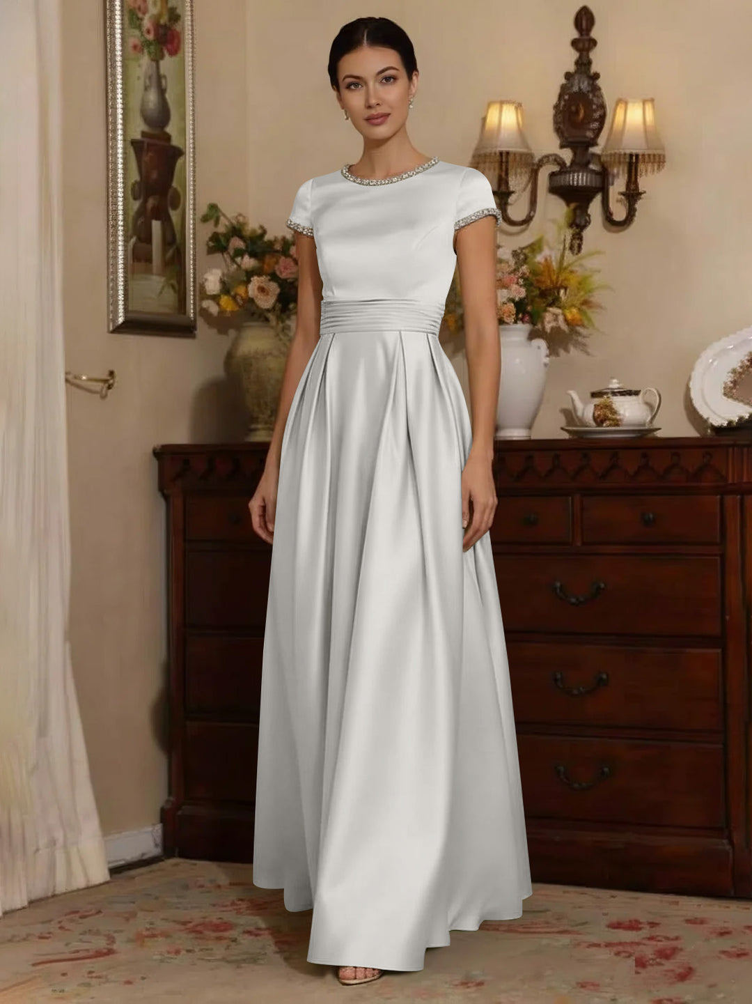 A-Line/Princess Silk Satin Jewel Neck Mother ofthe Bride Dresses Floor Length Short Sleeves Rhinestone Dusty Rose