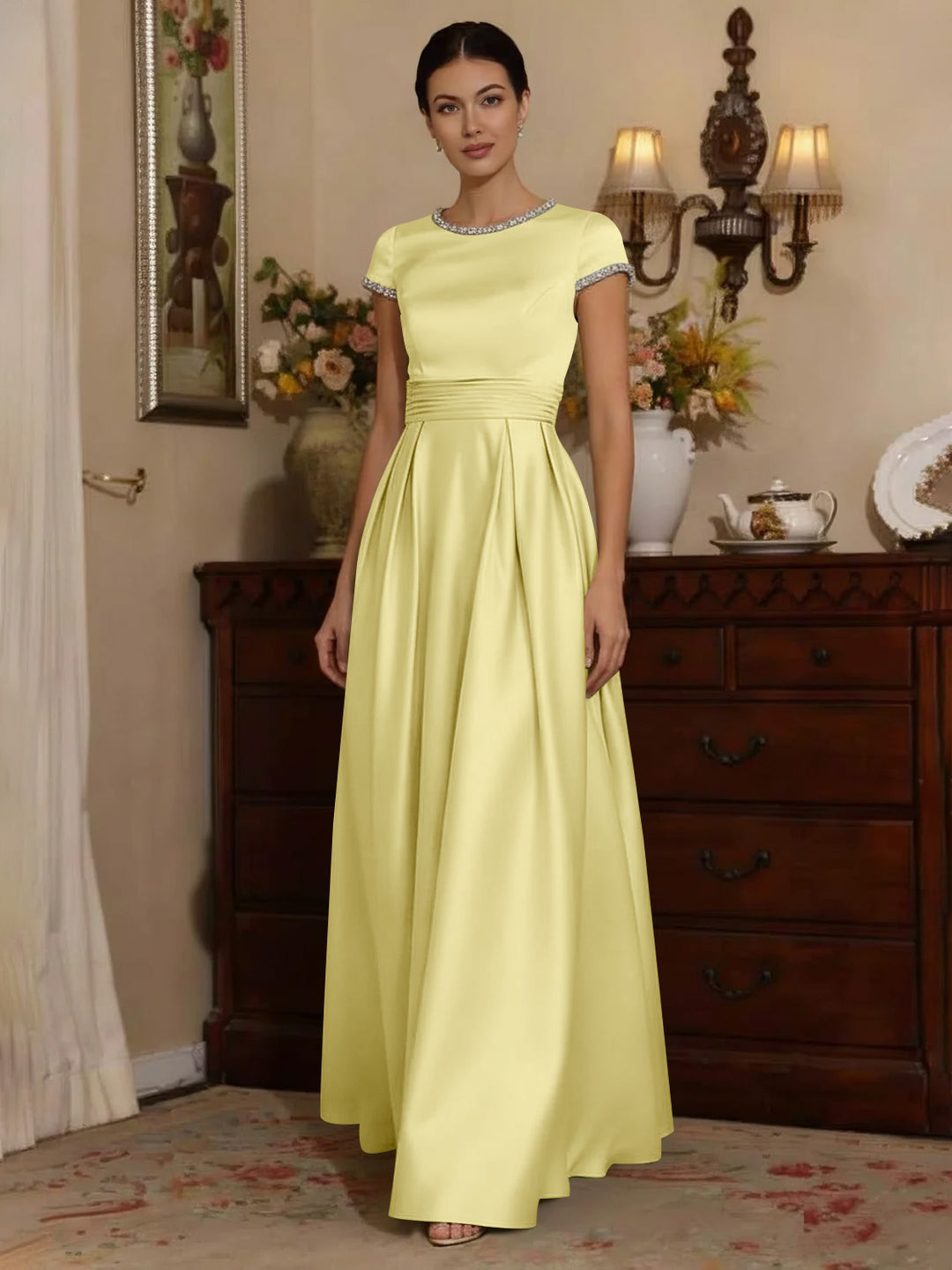 A-Line/Princess Silk Satin Jewel Neck Mother ofthe Bride Dresses Floor Length Short Sleeves Rhinestone