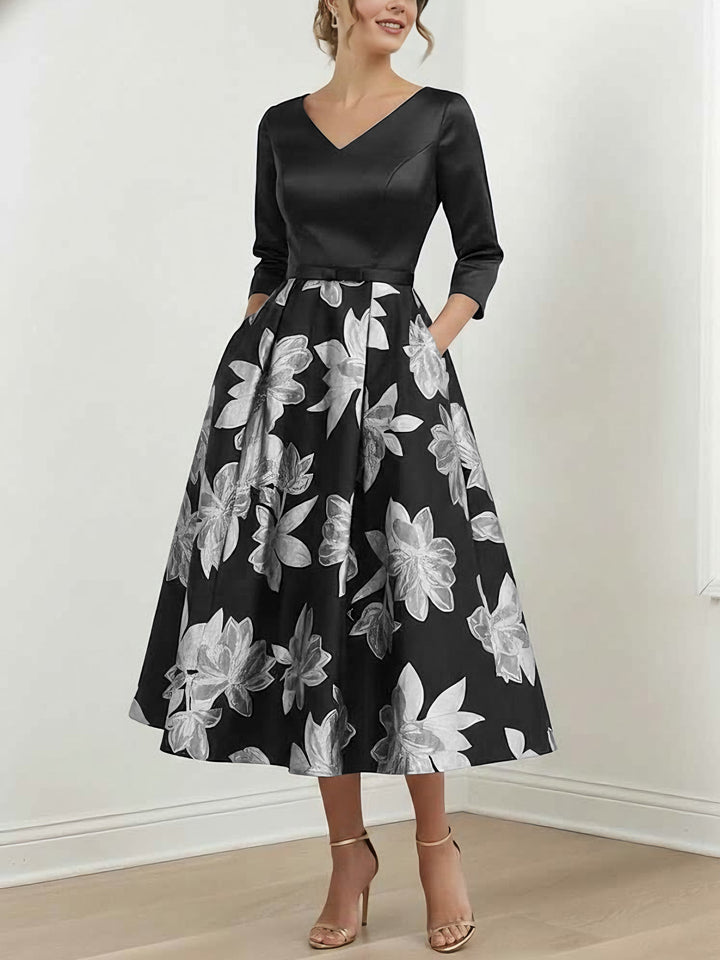 A-Line/Princess V-Neck Satin  Mother of the Bride Dresses Tea-Length 3/4 Sleeves Printed Flower