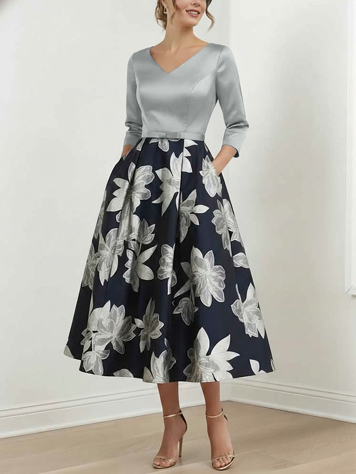 A-Line/Princess V-Neck Satin  Mother of the Bride Dresses Tea-Length 3/4 Sleeves Printed Flower