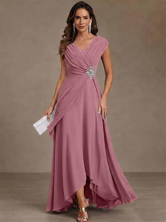 A-Line/Princess V-Neck Chiffon Mother of the Bride Dresses Asymmetrical Floor-Length Sequins Ruched