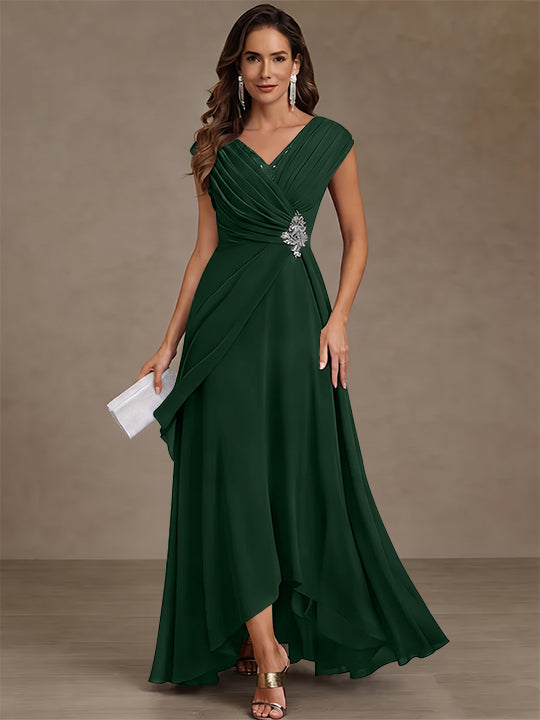 A-Line/Princess V-Neck Chiffon Mother of the Bride Dresses Asymmetrical Floor-Length Sequins Ruched