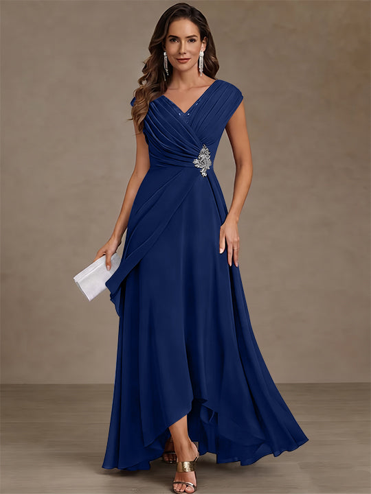 A-Line/Princess V-Neck Chiffon Mother of the Bride Dresses Asymmetrical Floor-Length Sequins Ruched