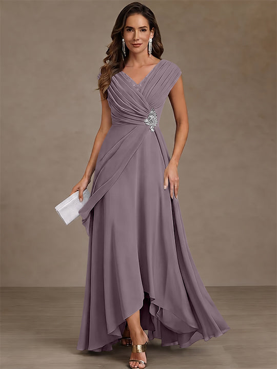 A-Line/Princess V-Neck Chiffon Mother of the Bride Dresses Asymmetrical Floor-Length Sequins Ruched