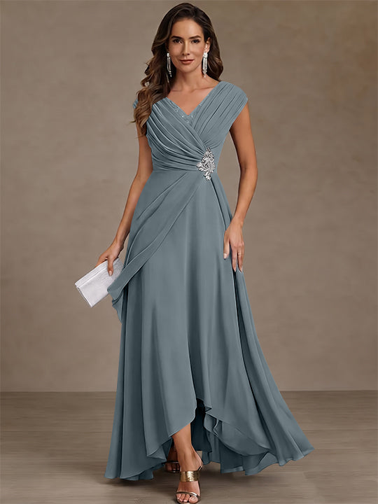 A-Line/Princess V-Neck Chiffon Mother of the Bride Dresses Asymmetrical Floor-Length Sequins Ruched