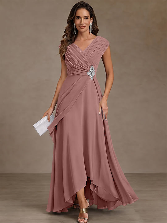A-Line/Princess V-Neck Chiffon Mother of the Bride Dresses Asymmetrical Floor-Length Sequins Ruched