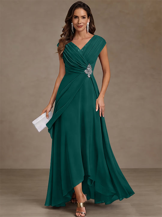 A-Line/Princess V-Neck Chiffon Mother of the Bride Dresses Asymmetrical Floor-Length Sequins Ruched