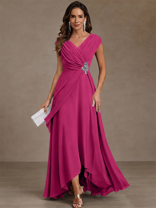A-Line/Princess V-Neck Chiffon Mother of the Bride Dresses Asymmetrical Floor-Length Sequins Ruched