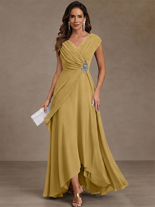 A-Line/Princess V-Neck Chiffon Mother of the Bride Dresses Asymmetrical Floor-Length Sequins Ruched